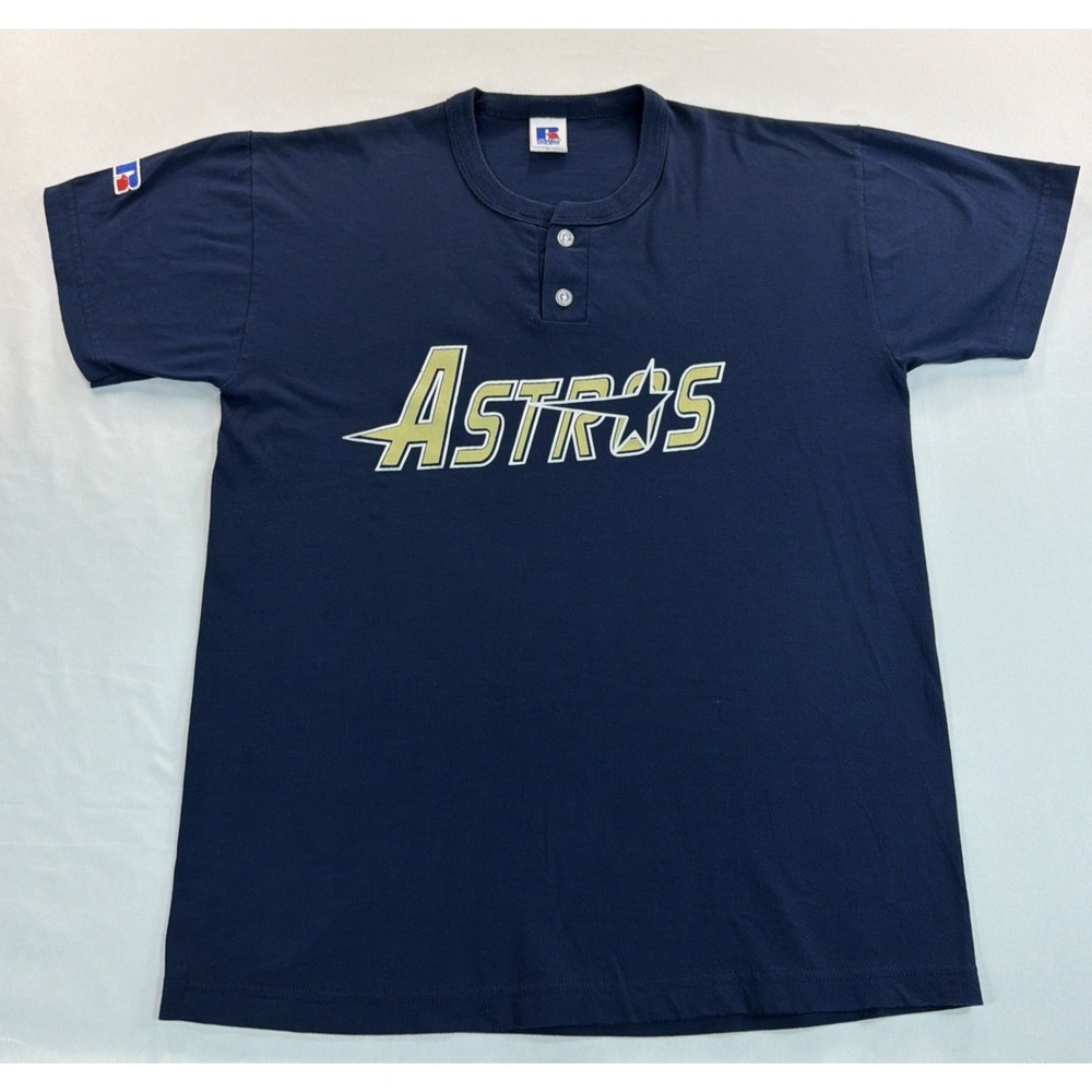 Vintage Astros Shirt Mens Medium Russell Athletic Navy Henley 15 Graphic MLB